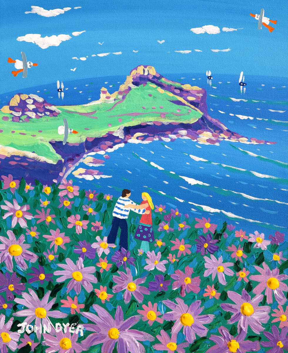 'A Carpet of Flowers at Gurnard's Head, Zennor', 12x10 inches acrylic on canvas. Paintings of Cornwall. Cornish Artist John Dyer. Cornwall Art Gallery