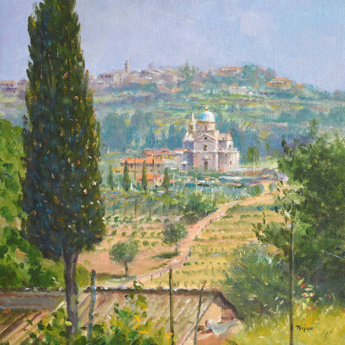 'Across the Valley to San Biagio, Montepulciano, Tuscany, Italy', 12x12 inches oil on canvas. Painting by Artist Ted Dyer.