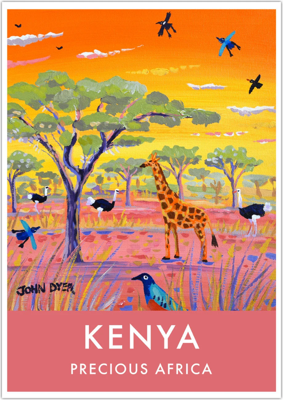 African Art Wall Art Poster Print by John Dyer. Giraffe with Ostrich and Acacia Tree, Kenya. Animal Art Prints
