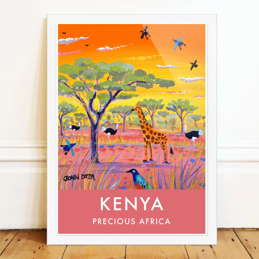 African Art Wall Art Poster Print by John Dyer. Giraffe with Ostrich and Acacia Tree, Kenya. Animal Art Prints - Image 2
