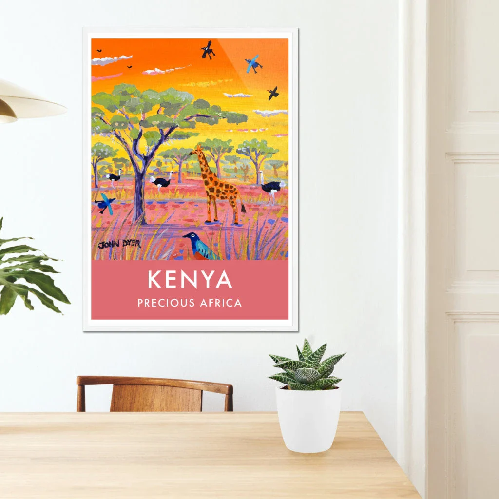 African Art Wall Art Poster Print by John Dyer. Giraffe with Ostrich and Acacia Tree, Kenya. Animal Art Prints - Image 7