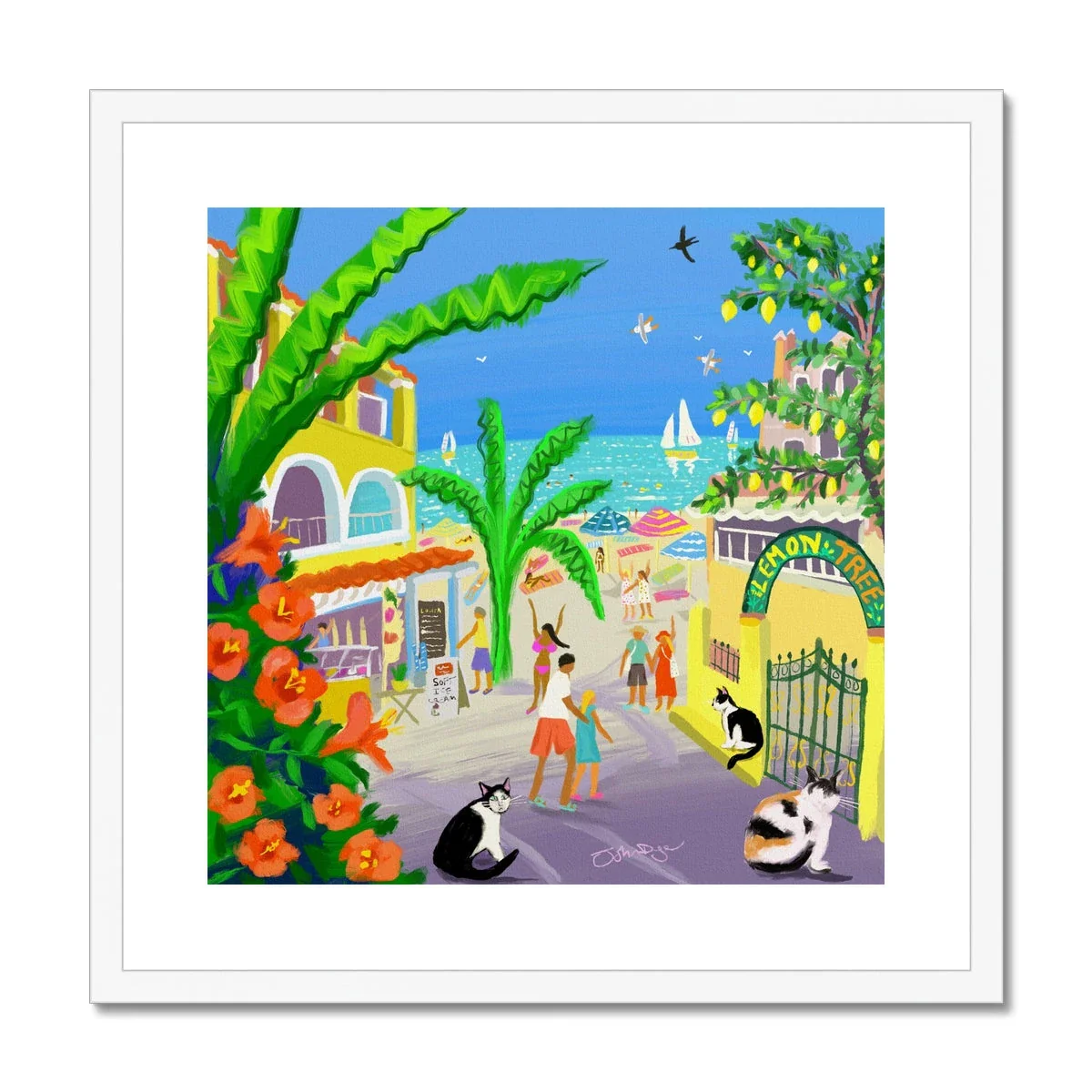 John Dyer Greece Artwork. Framed Open Edition Art Print. 'Strolling Past Corfu Cats, Agios Gordios, Greece'. Greek Art Gallery