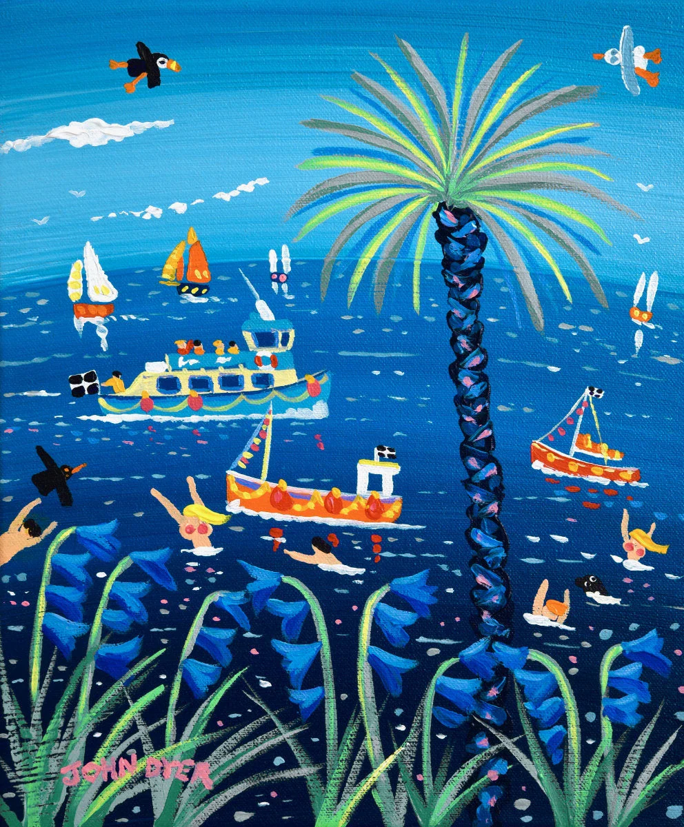 'Bathing Blue Belles, Falmouth', 12x10 inches acrylic on canvas. Coastal Bluebell Painting of Cornwall. Cornish Artist John Dyer.