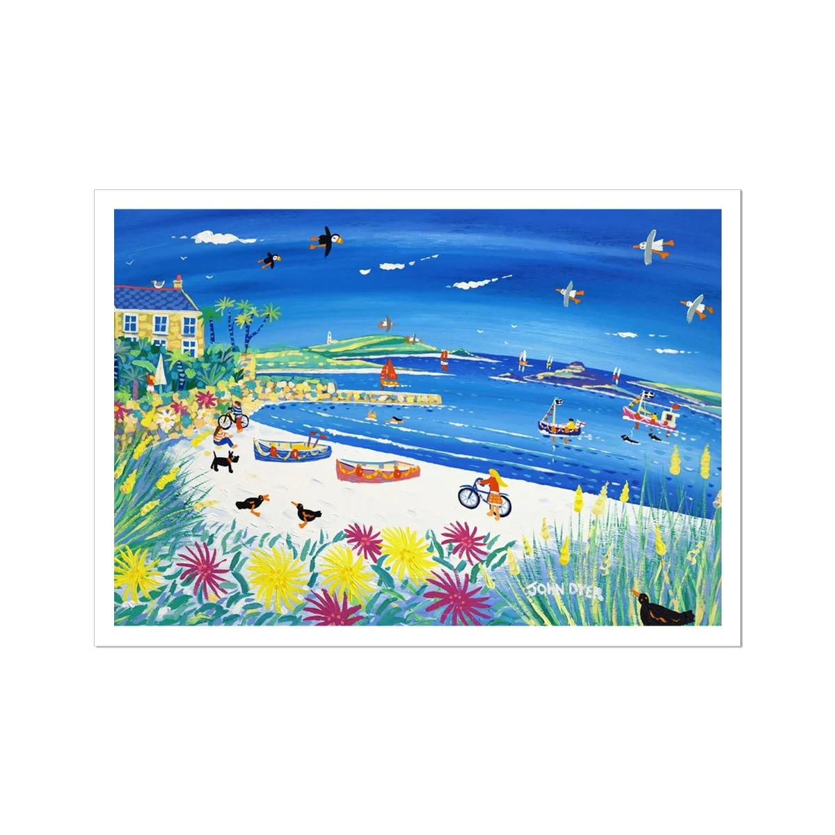 John Dyer Fine Art Beach Print. Open Edition Cornish Art Print. 'Bikes on the Beach, Old Grimsby, Tresco'. Cornwall Art Gallery