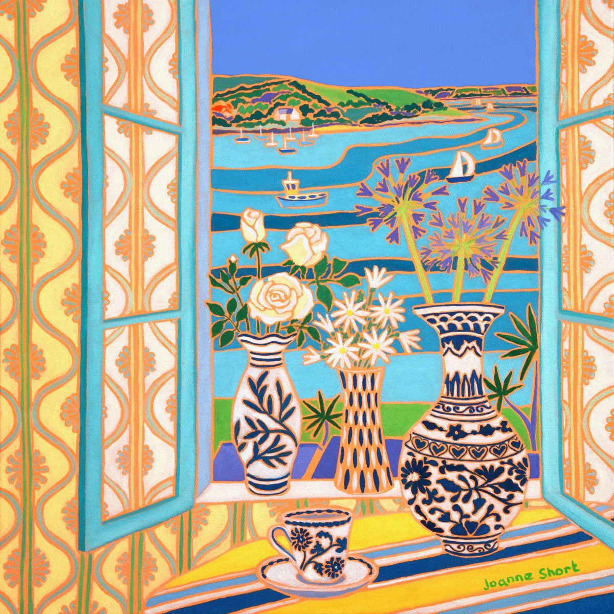 'Blue and White Pottery in the Window, Trefusis, Falmouth',
18 x 18 inches, coastal still life oil on canvas. Garden Flower Painting by Cornish Artist Joanne Short. Cornish Art from our Cornwall Art Gallery