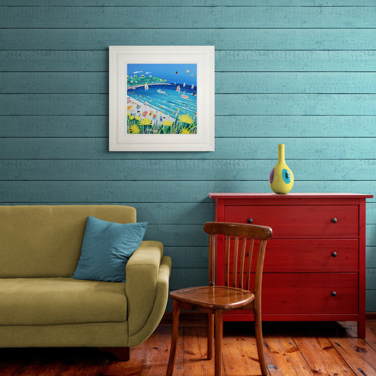 'Boats and Beach Days at Castle Beach, Falmouth', 18x18 inches acrylic on canvas. Cornish Coastal Art Painting by British Artist John Dyer. - Image 3