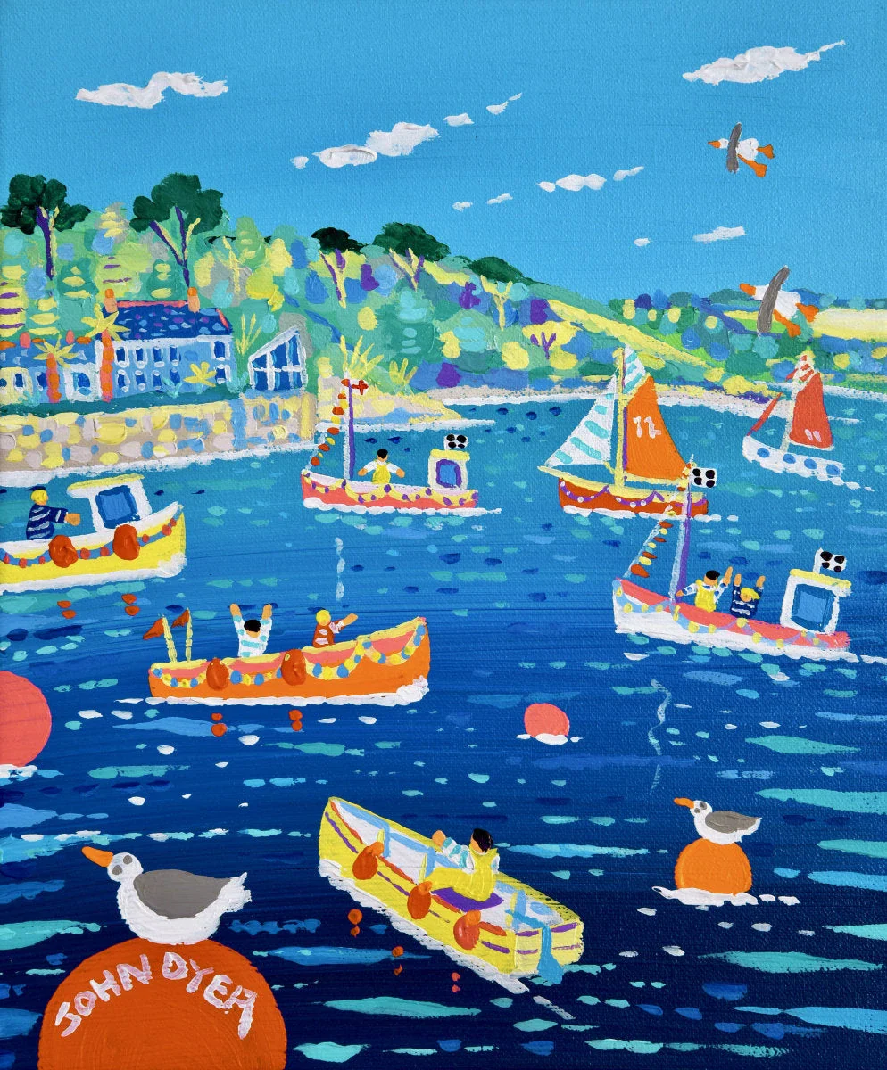 'Bobbing Boats in the Breeze, Flushing, Falmouth', 12x10 inches acrylic on canvas. Painting of Cornwall by Cornish Artist John Dyer