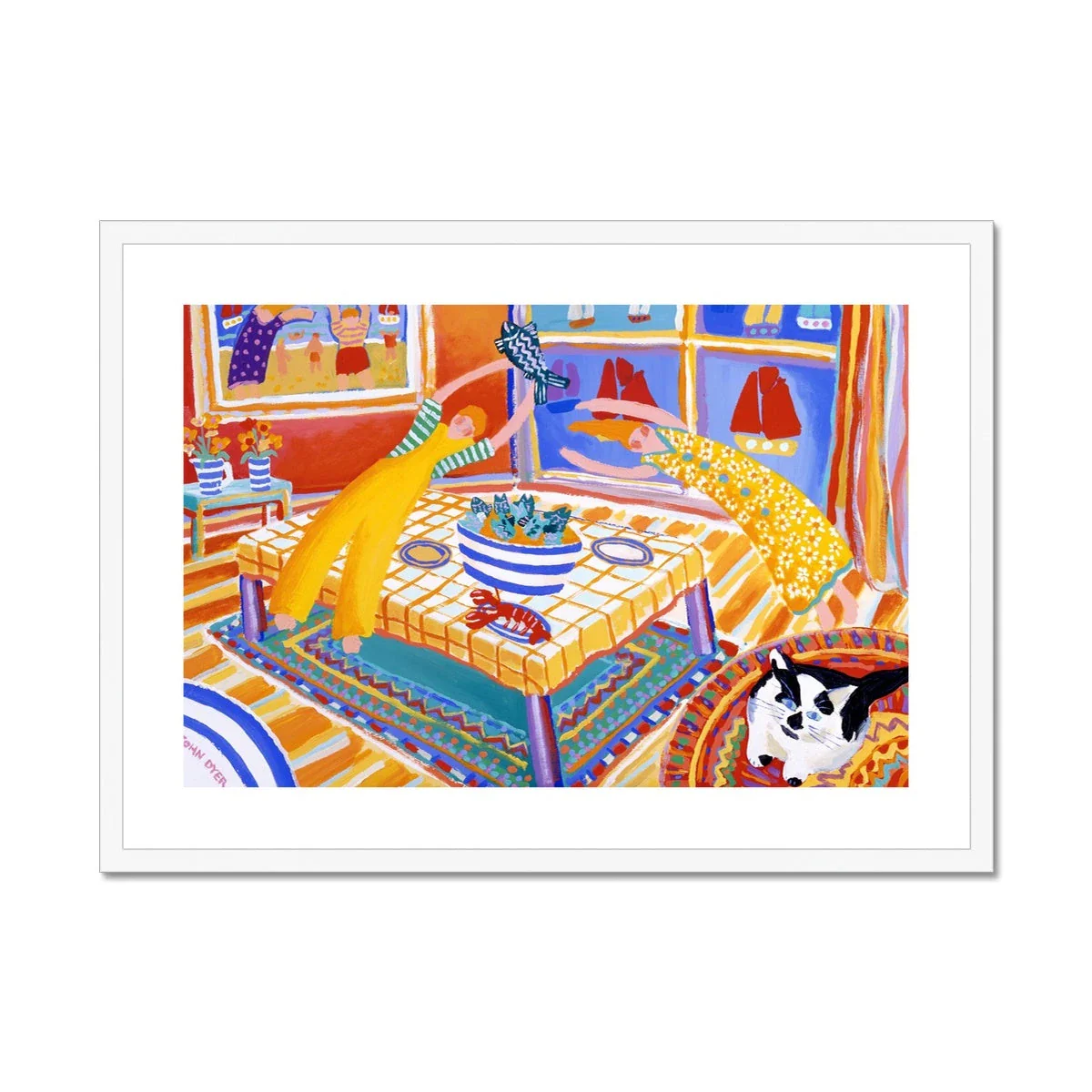 John Dyer Framed Open Edition Cornish Art Print. 'Cat on a Kashmir with Stargazy Pie'. Cornwall Art Gallery