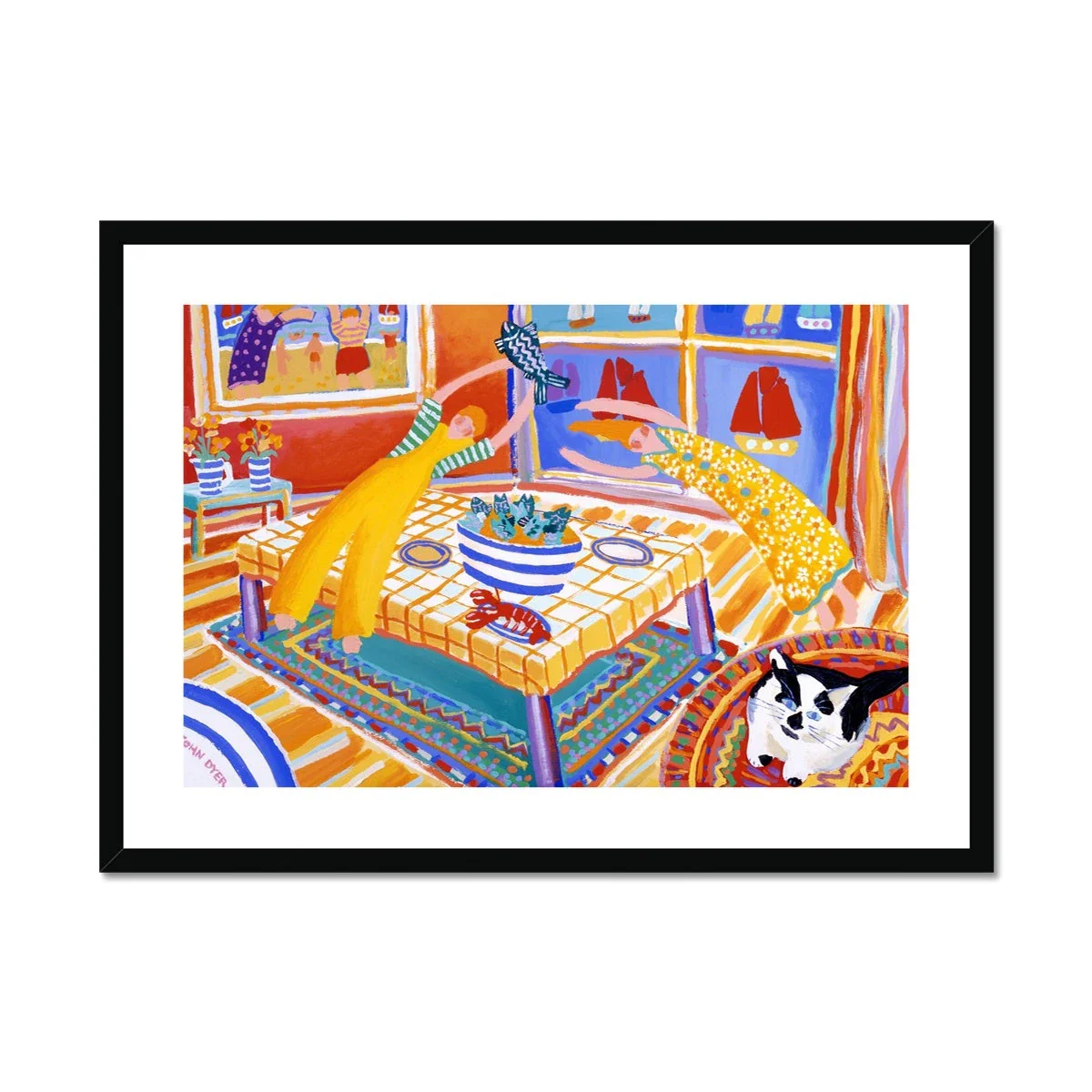 John Dyer Framed Open Edition Cornish Art Print. 'Cat on a Kashmir with Stargazy Pie'. Cornwall Art Gallery - Image 2