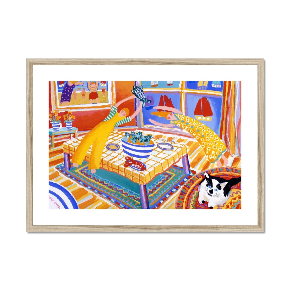 John Dyer Framed Open Edition Cornish Art Print. 'Cat on a Kashmir with Stargazy Pie'. Cornwall Art Gallery - Image 3