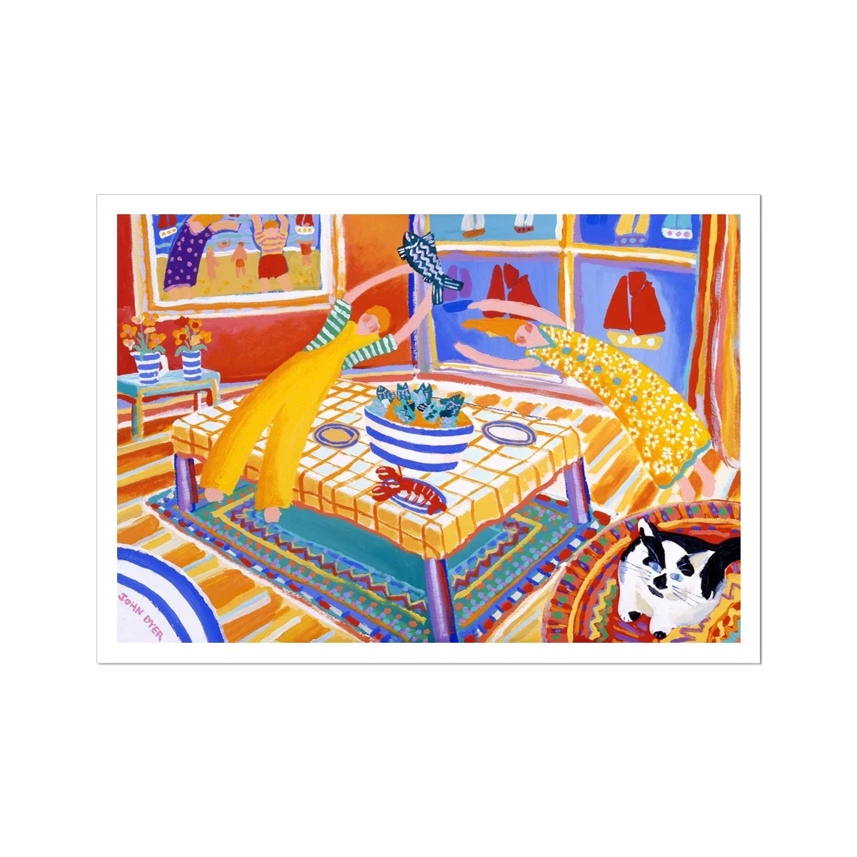 John Dyer Fine Art Print. Open Edition Cornish Art Print. 'Cat on a Kashmir' Still Life with Stargazy Pie. Cornwall Art Gallery