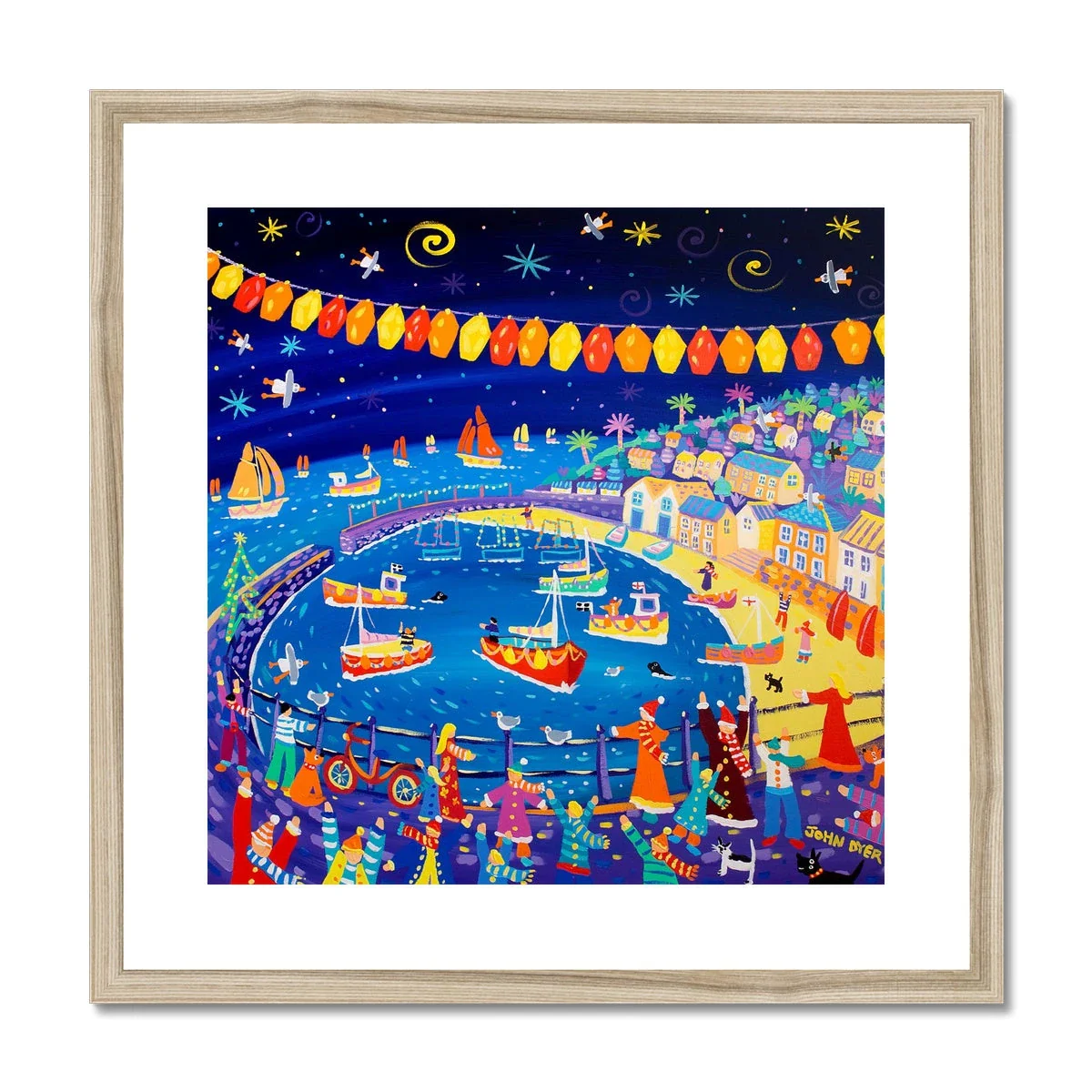 John Dyer Framed Open Edition Cornish Art Print. 'Christmas Lights, Mousehole'. Cornwall Art Gallery - Image 3