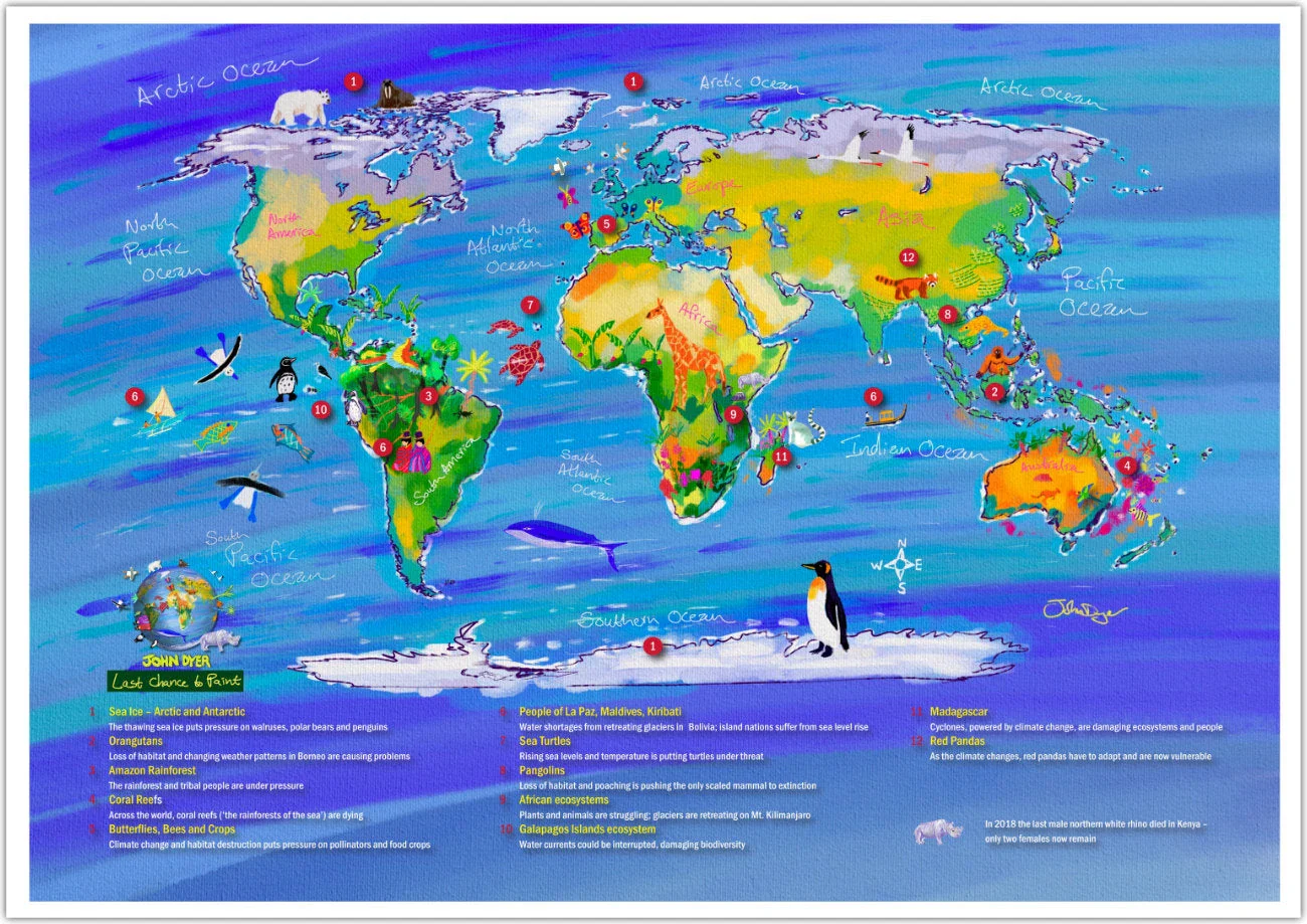 Climate Change Poster Wildlife Map. 'Last Chance to Paint' by artist John Dyer.