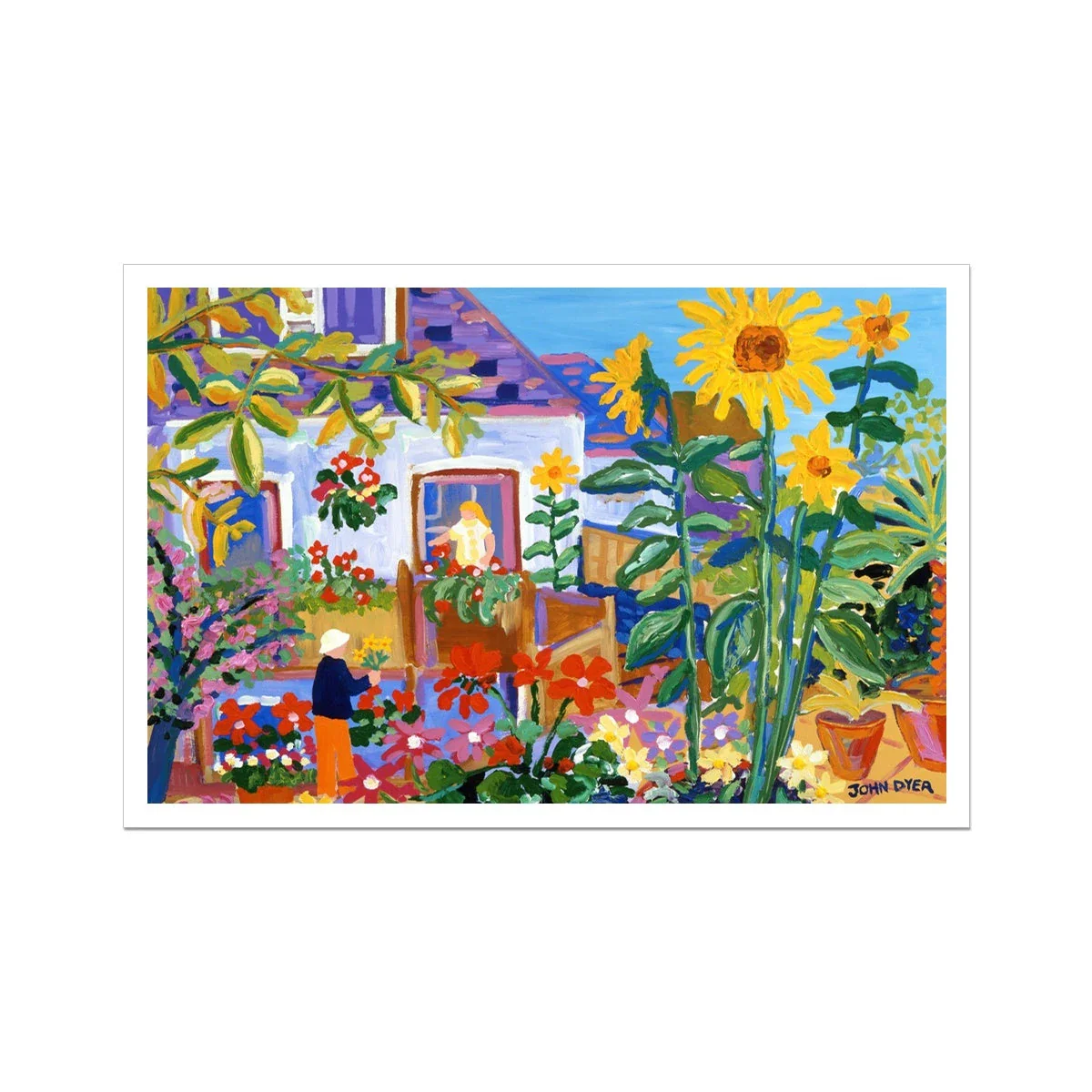 John Dyer Fine Art Print. Open Edition Cornish Sunflower Art Print. 'Collecting Flowers in a Cornish Garden'. Cornwall Art Gallery