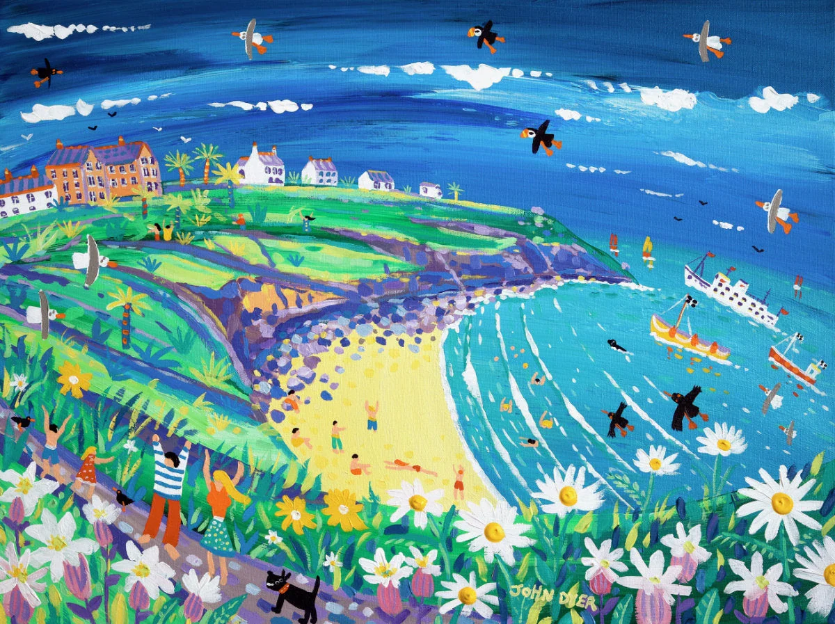 'Cornish Choughs & Puffins, Housel Bay', 18x24 inches acrylic on canvas. Cornwall Painting by Cornish Artist John Dyer. Cornwall Art Gallery
