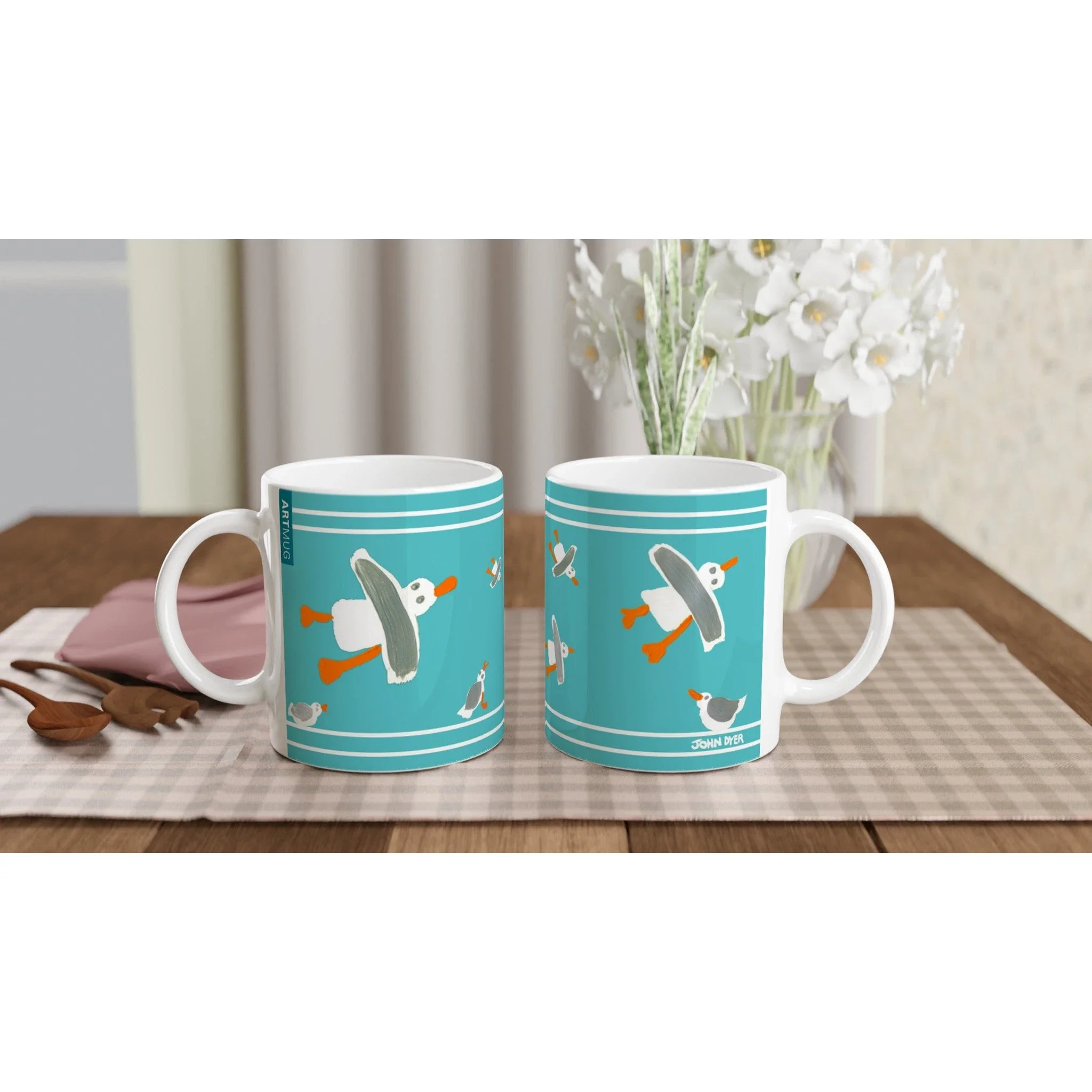 John Dyer Ceramic Cornish Art Mug with Cornish Seagulls. Aqua Sea Turquoise Teal - Image 3