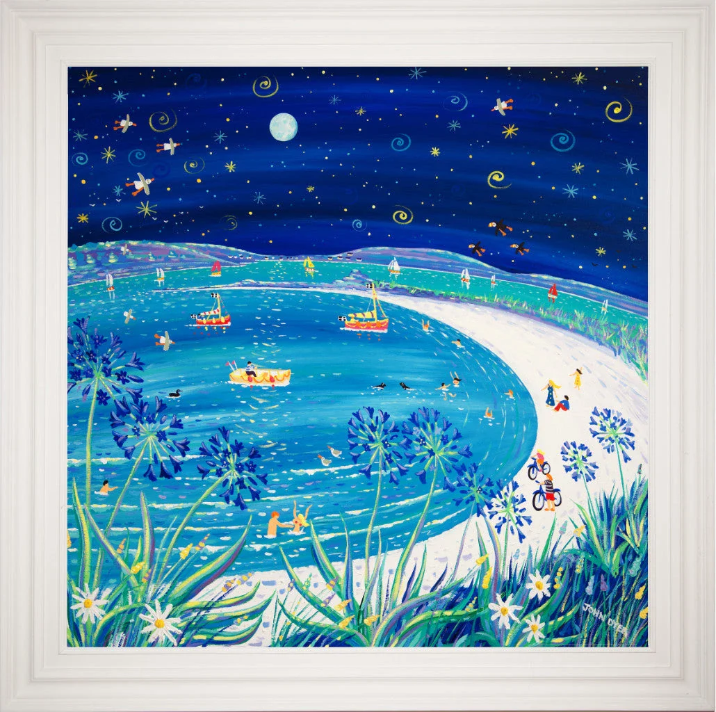 Cornwall Art Gallery Original Painting by John Dyer. Full Moon over Pentle Bay, Tresco.  100 x 100 cm, acrylic on canvas - Image 2