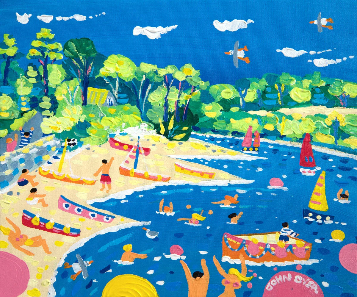'Feock Fun, Loe beach', 10 x 12 inches acrylic on canvas. Cornwall Art Gallery Painting by John Dyer.