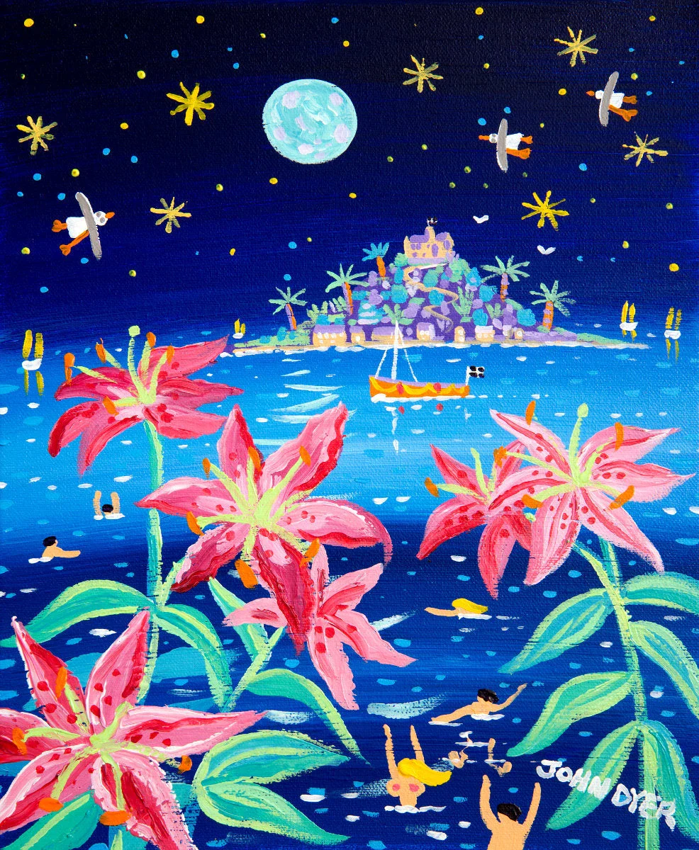 'Full Moon Pink Lilies, St Michael's Mount', 12 x 10 inches acrylic on canvas. Cornwall Art Gallery Painting by John Dyer.