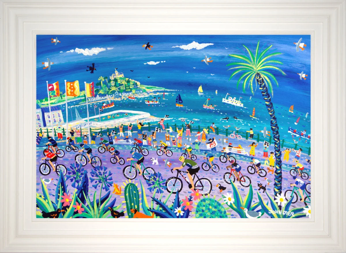 'Peddling Past Penzance, Tour of Britain'.  24 x 36 inches, acrylic on board. Cornwall Art Gallery Painting by John Dyer. - Image 2
