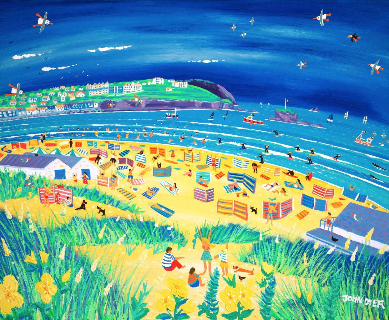 Cornwall Art Limited Edition Print. 'Happy Holidays, Perranporth Beach' by John Dyer