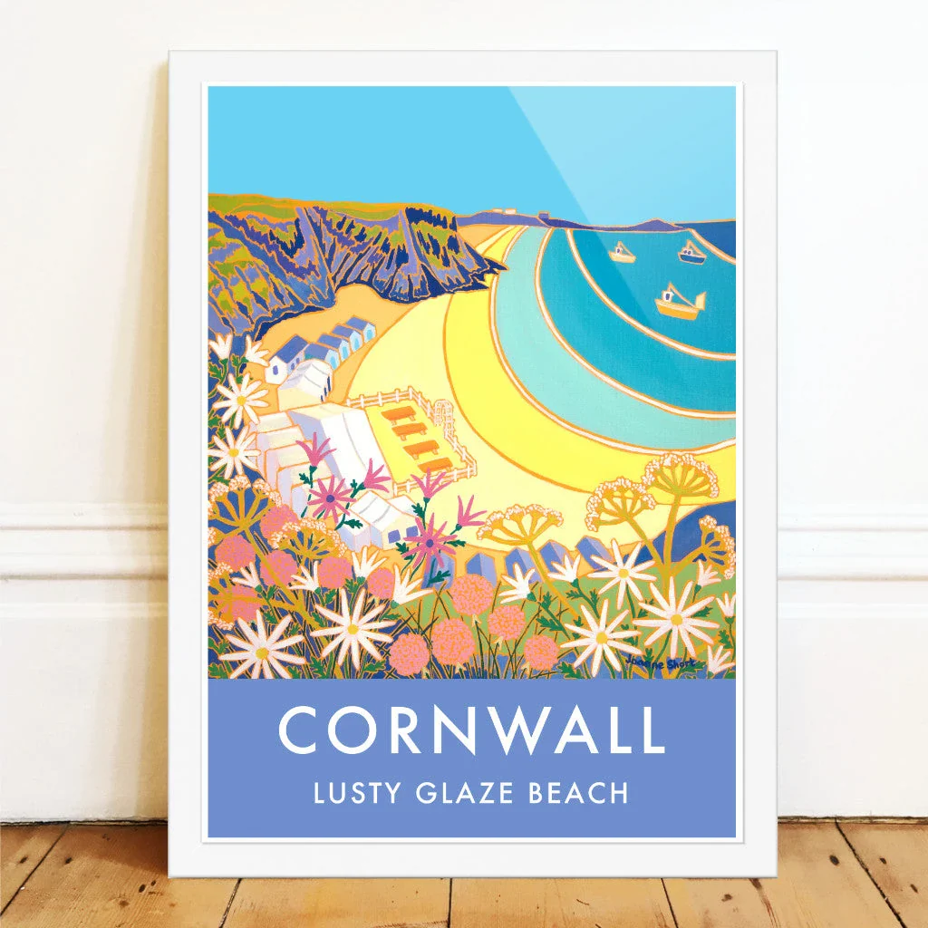 Lusty Glaze Beach, Newquay. Art Prints of Cornwall by Cornish Artist Joanne Short. Cornwall Art Gallery, Vintage Style Posters. - Image 2