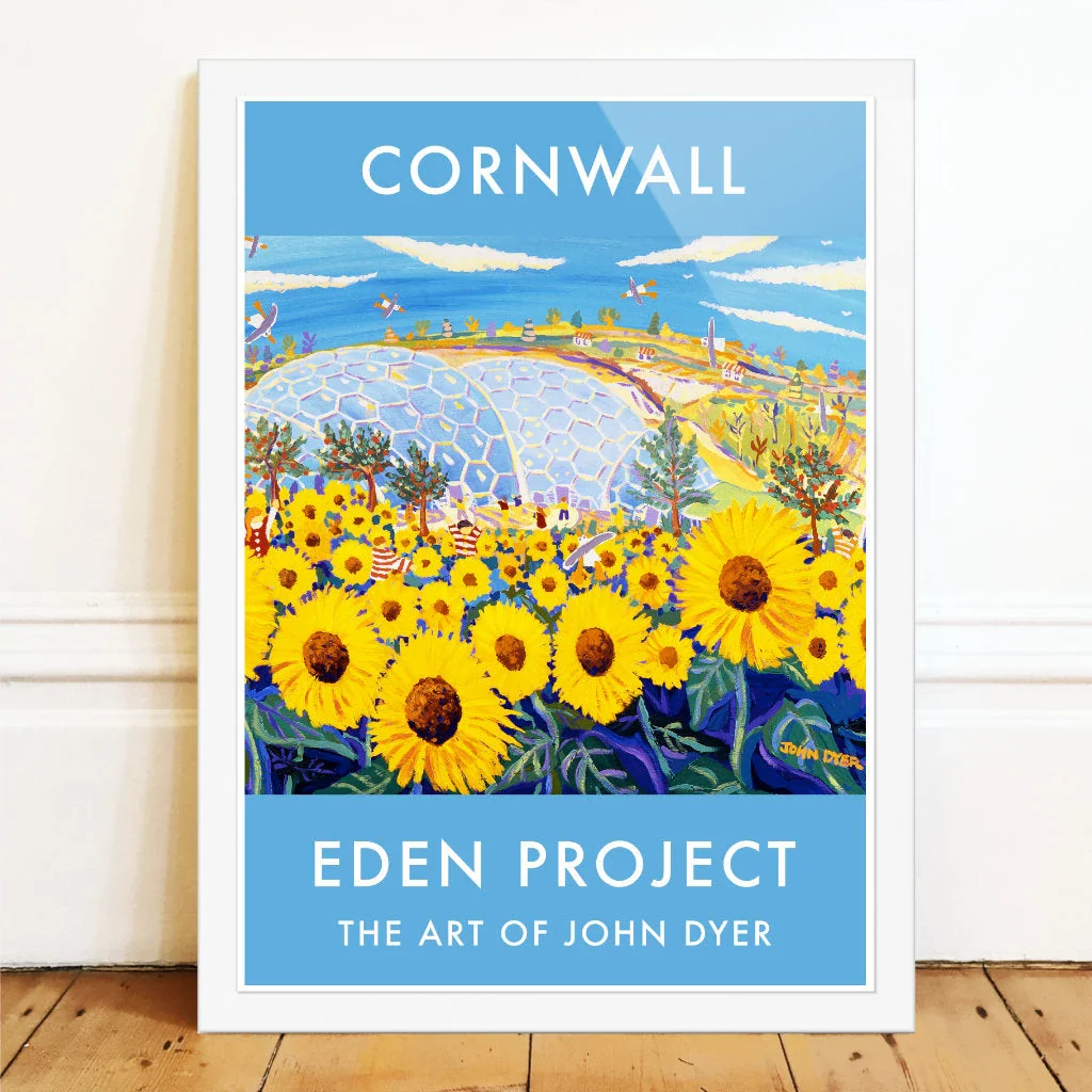 Eden Project Art Poster Print by Cornish Artist John Dyer of The Eden Project Biomes, Outdoor Garden with Sunflowers - Image 2