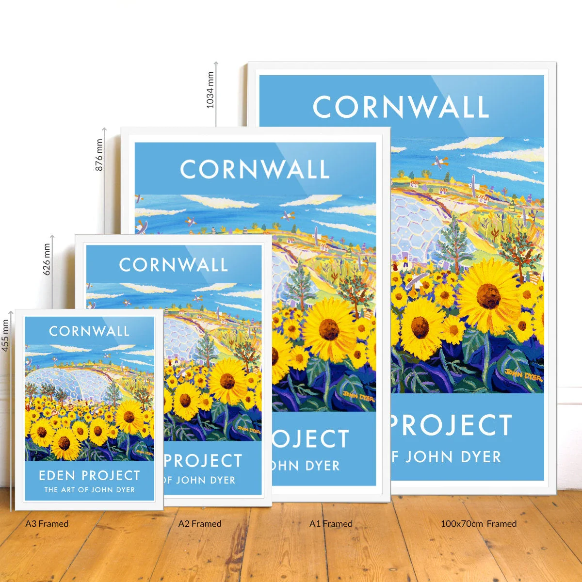Eden Project Art Poster Print by Cornish Artist John Dyer of The Eden Project Biomes, Outdoor Garden with Sunflowers - Image 3