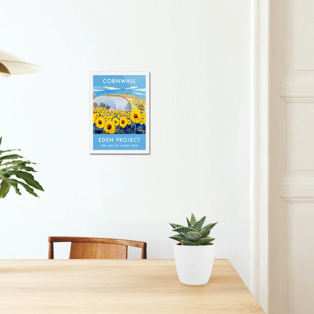 Eden Project Art Poster Print by Cornish Artist John Dyer of The Eden Project Biomes, Outdoor Garden with Sunflowers - Image 4
