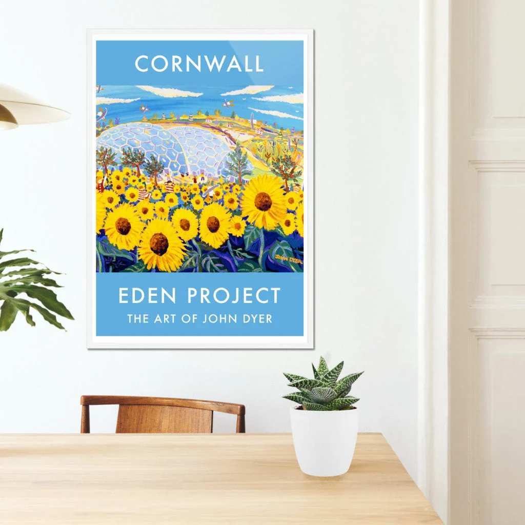 Eden Project Art Poster Print by Cornish Artist John Dyer of The Eden Project Biomes, Outdoor Garden with Sunflowers - Image 7