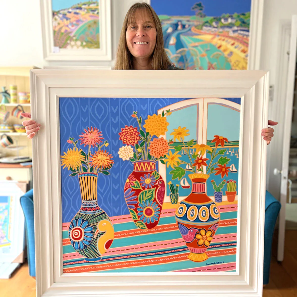 'Fiesta of Flowers in Mexican Vases', 30x30 inches oil on canvas. Original Painting by British Artist Joanne Short - Image 4