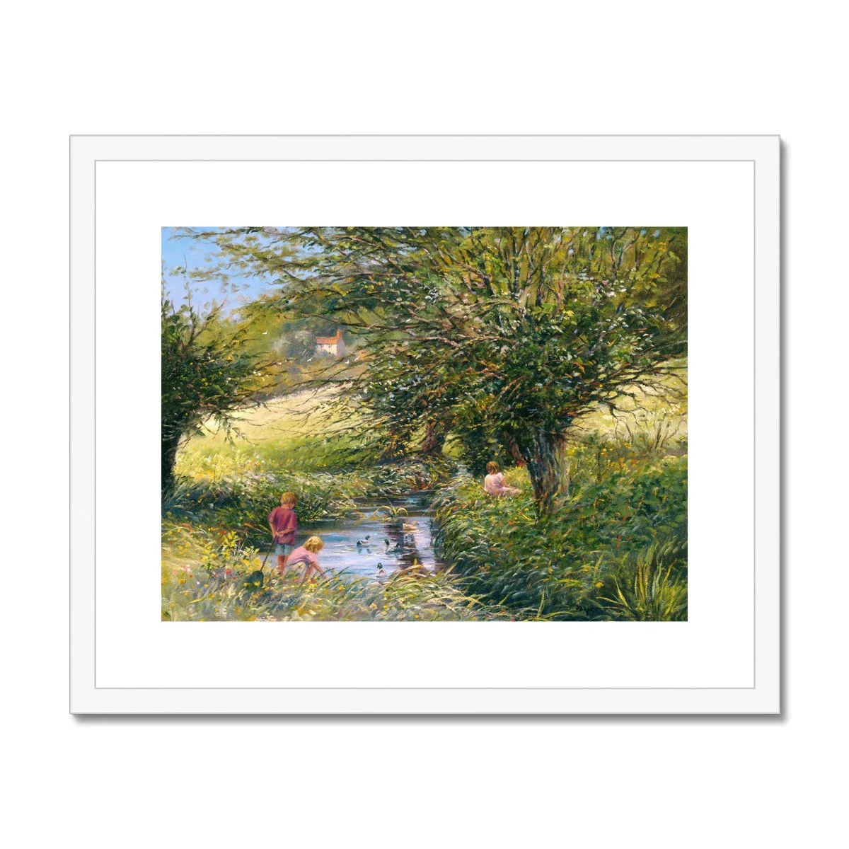 Ted Dyer Framed Open Edition Somerset Fine Art Print. 'Fishing in the Duck Pond'. Somerset Art Gallery