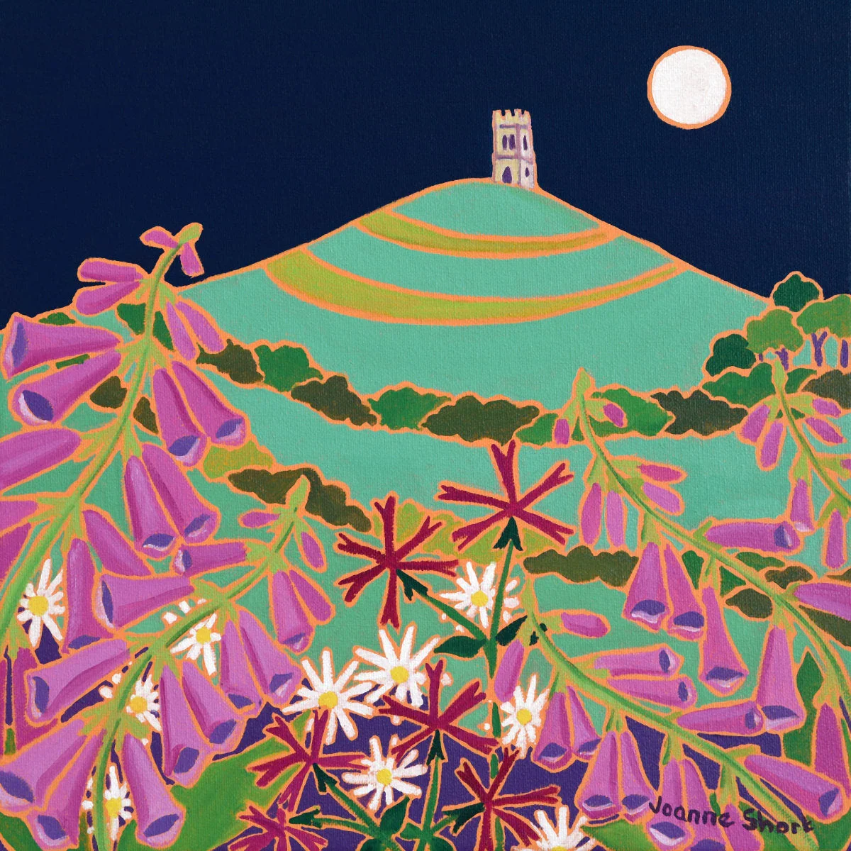 'Full Moon over Glastonbury Tor'. 12x12 inches Original Painting Oil on Canvas. Paintings of Somerset by Artist Joanne Short. Somerset Art Gallery