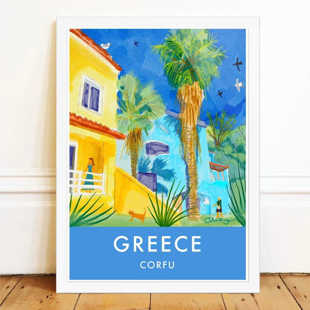 Greece Artwork Wall Art Poster Print by John Dyer. Sunlit Villa in Govino Bay, Corfu, Greece - Image 2