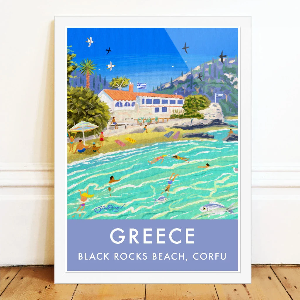 Greece Artwork Wall Art Poster Print by John Dyer. Sunlit Waters at Black Rocks Beach Corfu, Greece - Image 2