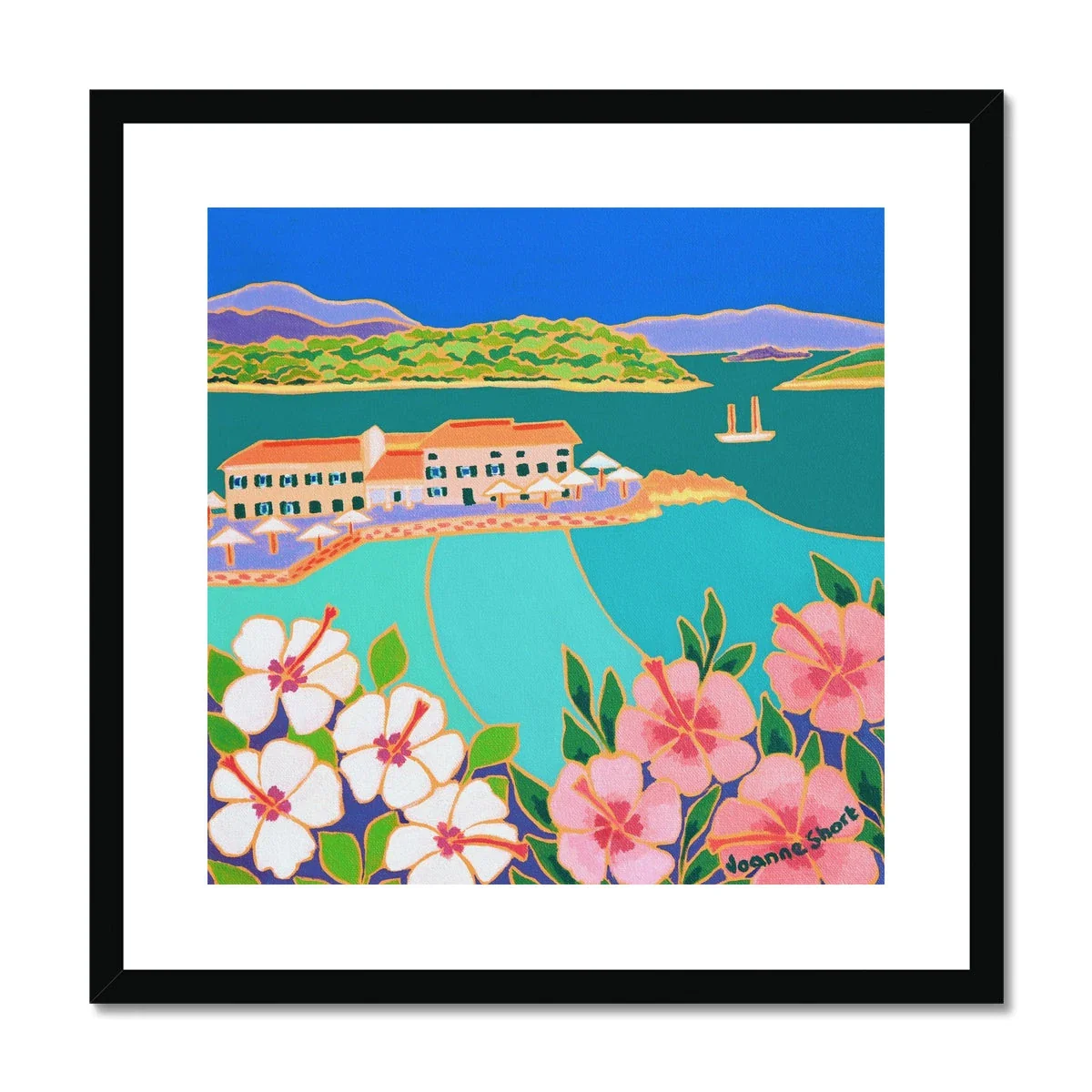 Joanne Short Greece Artwork. Framed Open Edition Art Print. 'Hibiscus and Turquoise Sea, Faliraki, Corfu Town Greece' Greek Art Gallery - Image 2