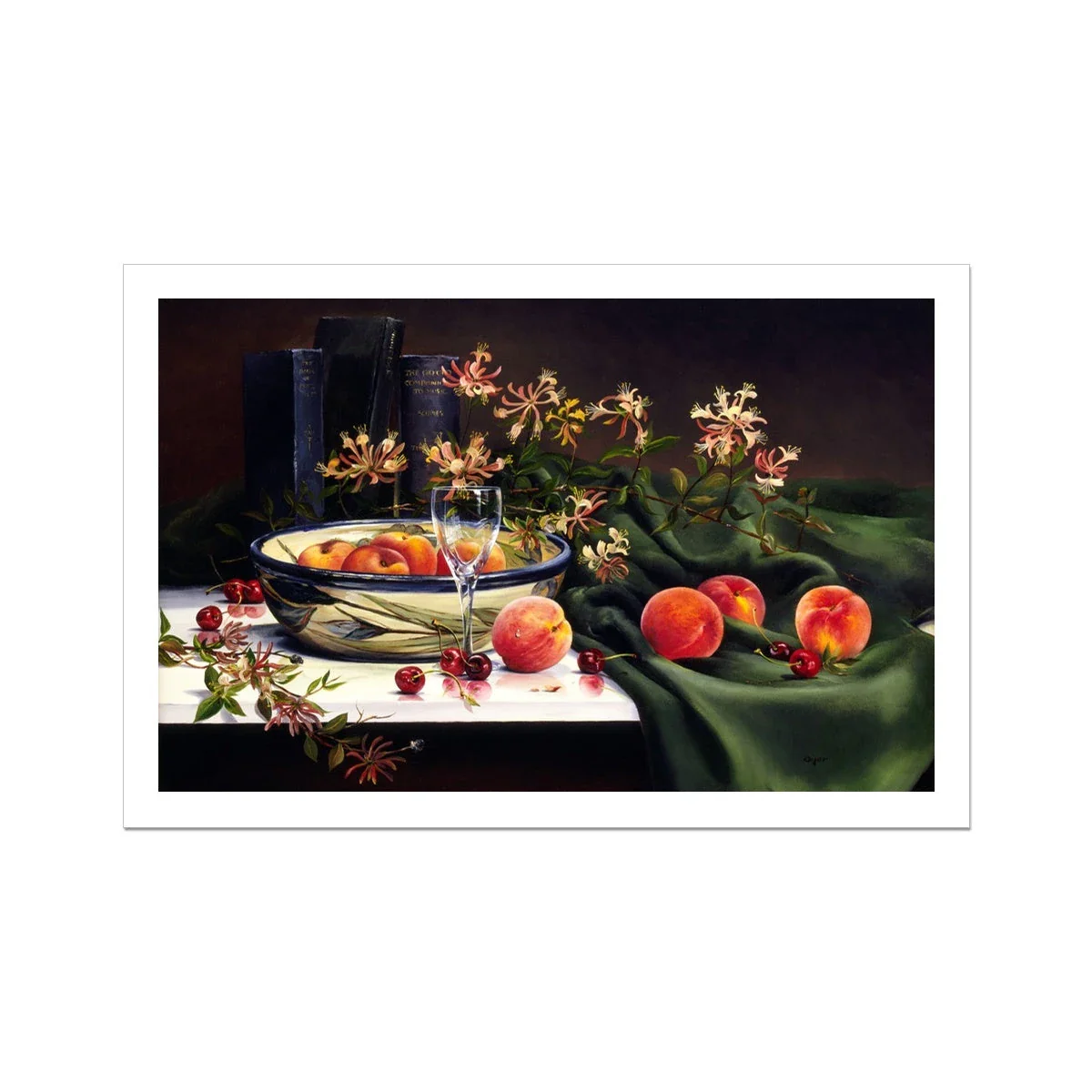 Ted Dyer Fine Art Print. Open Edition Cornish Art Print. 'Honeysuckle and Peaches Still Life'. Cornwall Art Gallery