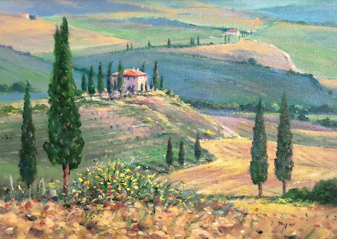 'Il Belvedere Farmhouse, San Quirico. Tuscany. Italy', 10x14 inches oil on canvas. Paintings of Italy by Artist Ted Dyer from our Cornwall Art Gallery