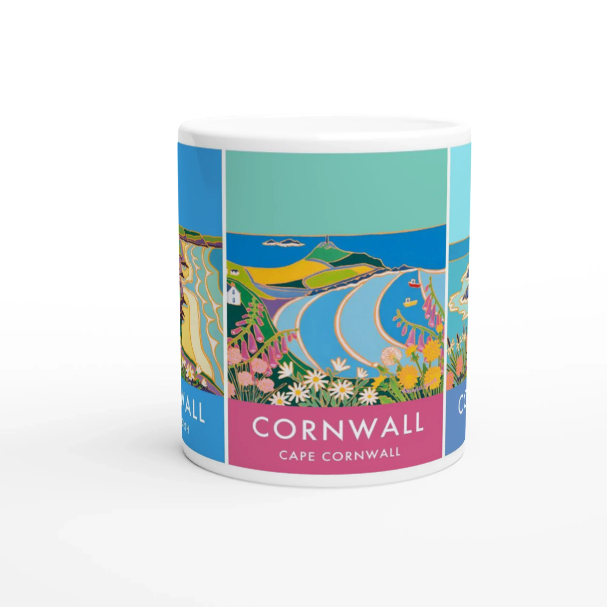 Joanne Short Ceramic Cornish Art Mug featuring Chapel Porth, Cape Cornwall and the Tin Mines of Botallack - Image 3