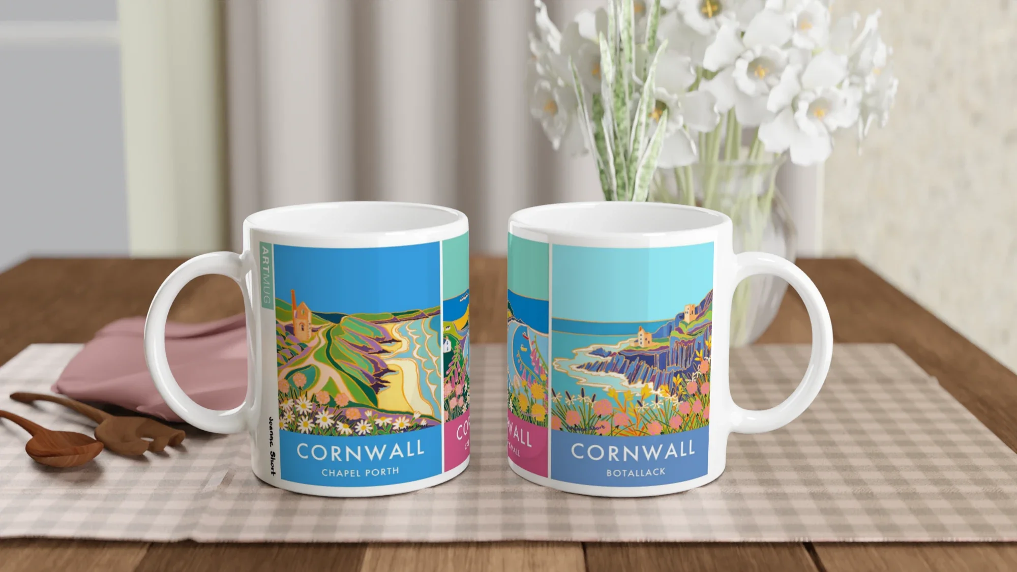 Joanne Short Ceramic Cornish Art Mug featuring Chapel Porth, Cape Cornwall and the Tin Mines of Botallack - Image 4