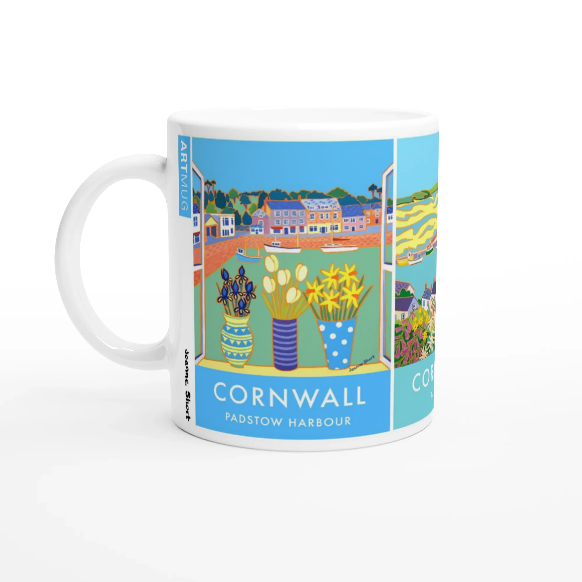 Joanne Short Ceramic Cornish Art Mug featuring Padstow Harbour, Padstow and Rock in Cornwall