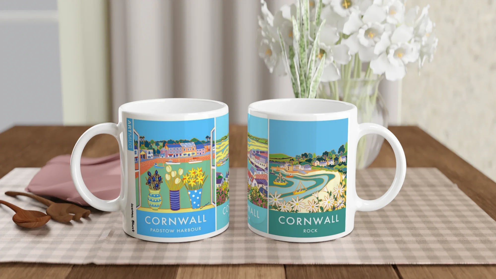 Joanne Short Ceramic Cornish Art Mug featuring Padstow Harbour, Padstow and Rock in Cornwall - Image 4