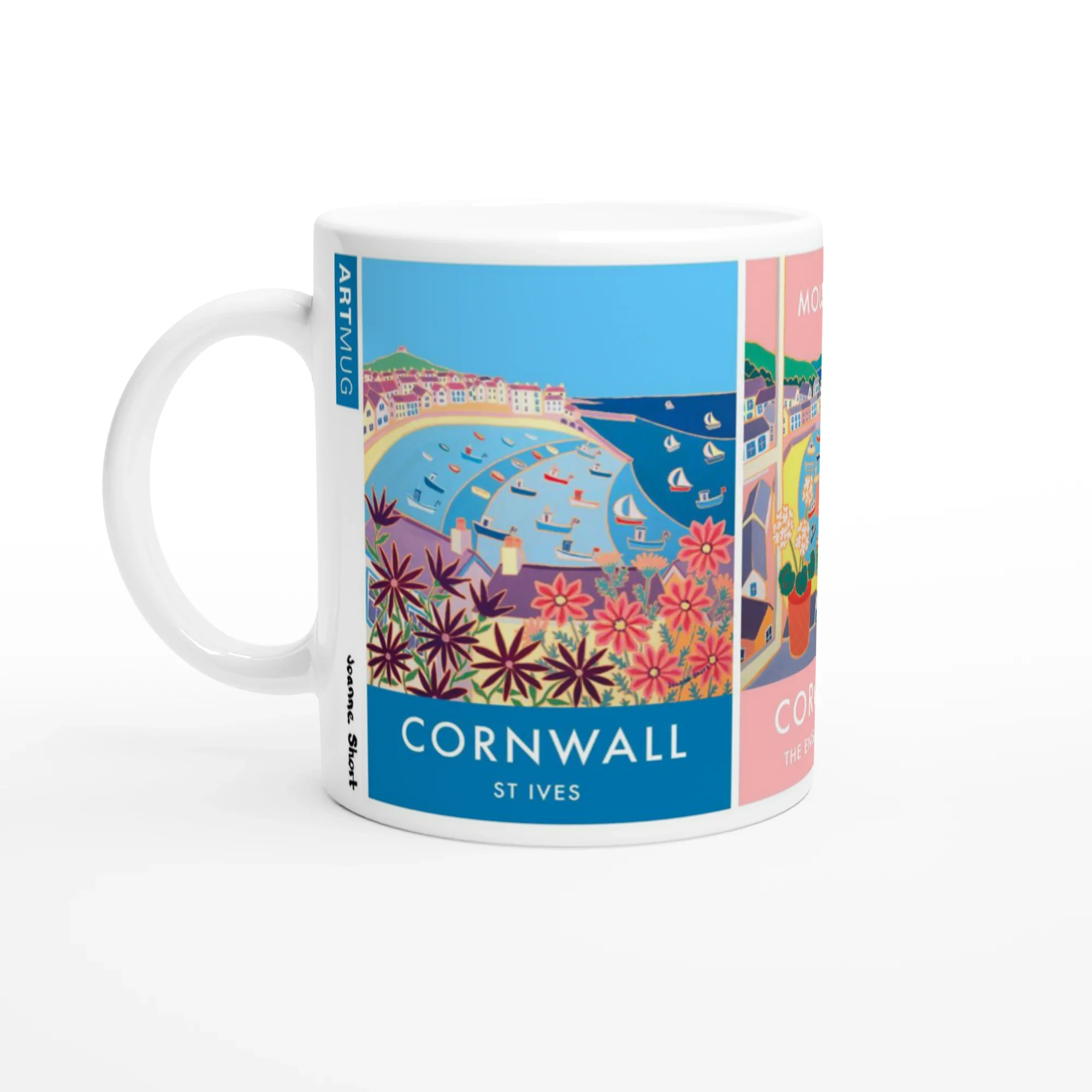 Joanne Short Ceramic Cornish Art Mug featuring St Ives and Mousehole on the Penwith Peninsula in Cornwall