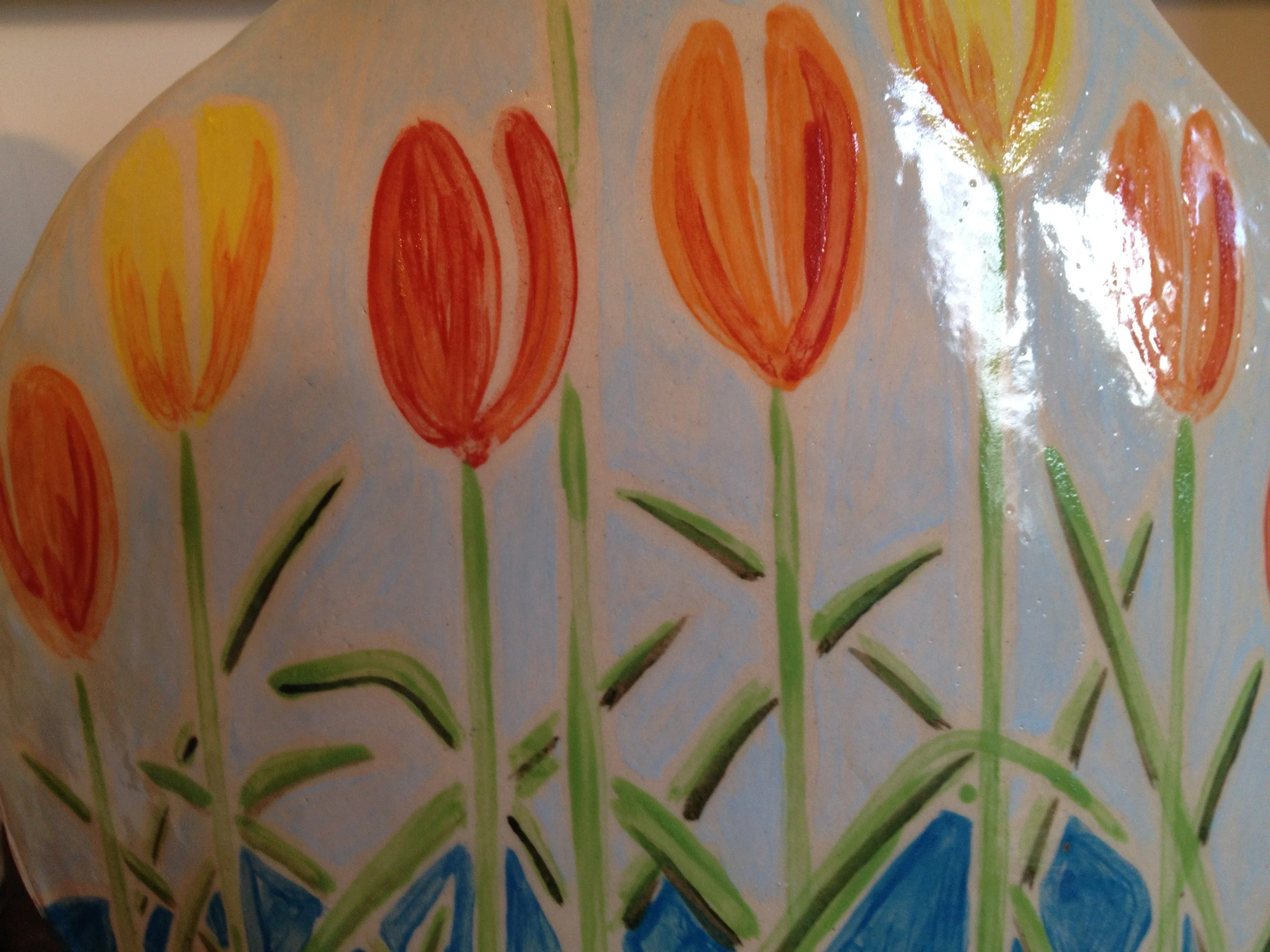 Joanne Short Ceramic Vase. Double Sided. Tulips and Blue Iris - Image 4