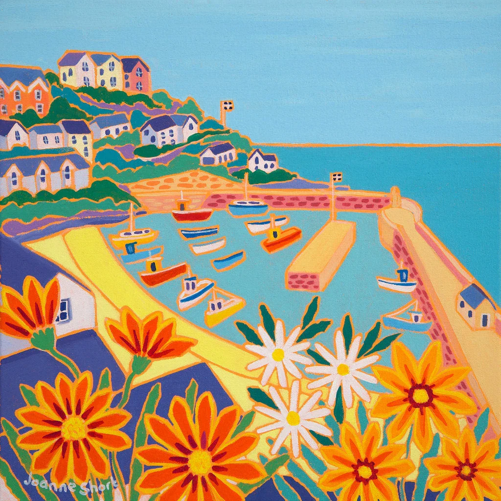 Joanne Short Painting. Gazanias and Fishing Boats, Newquay Harbour . 12 x 12 inches, oil on canvas