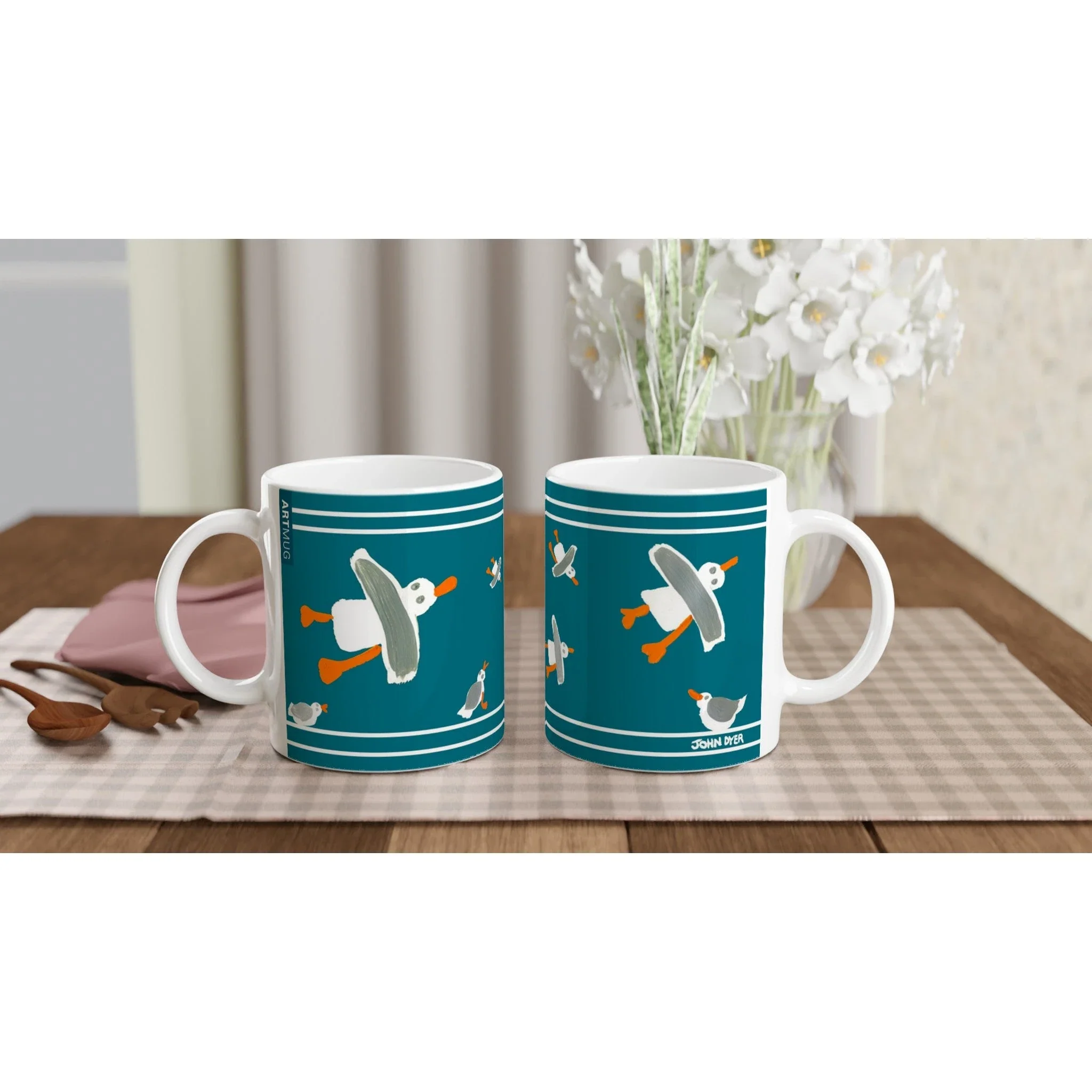 John Dyer Cornish Art Mug with Cornish Seagulls. Deep Sea Green - Image 3