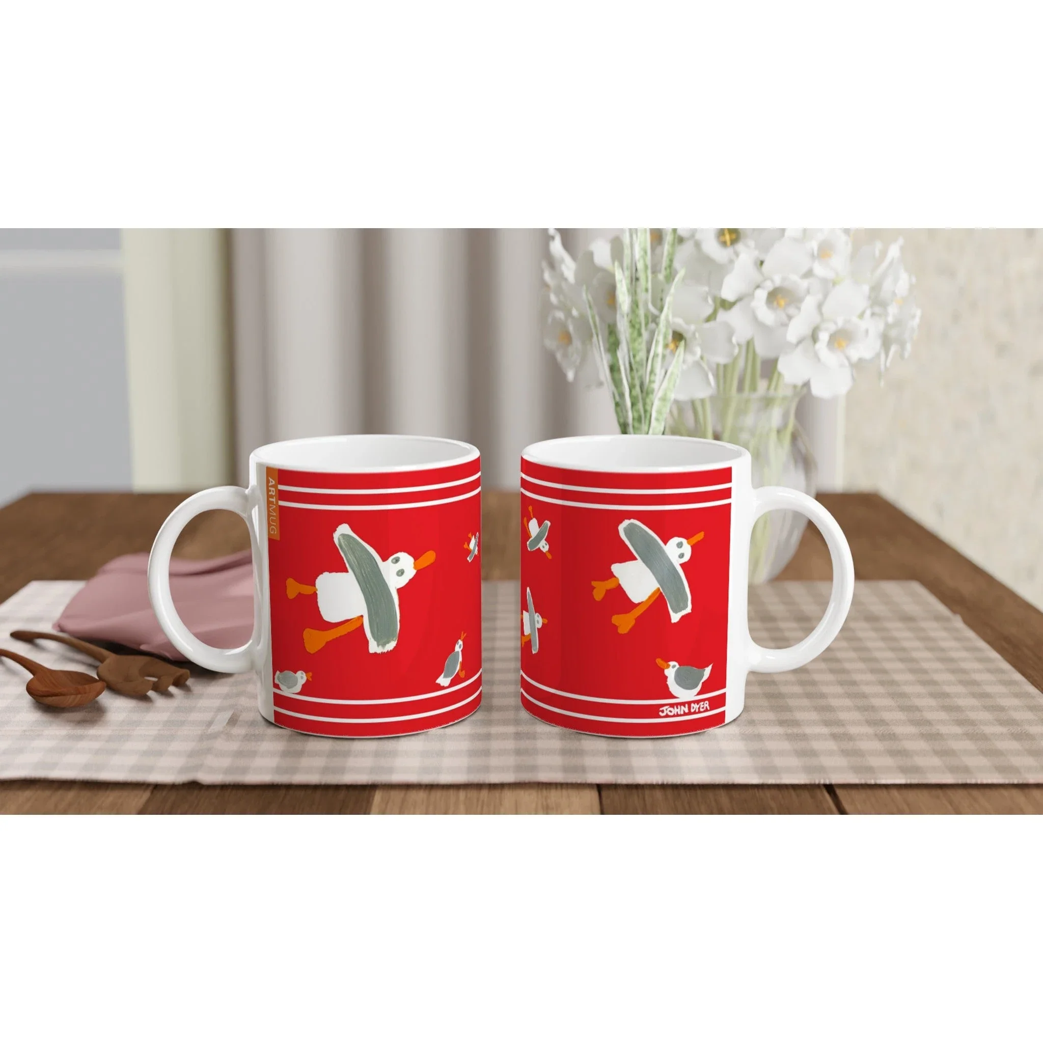 John Dyer Cornish Art Mug with Cornish Seagulls. Red - Image 4