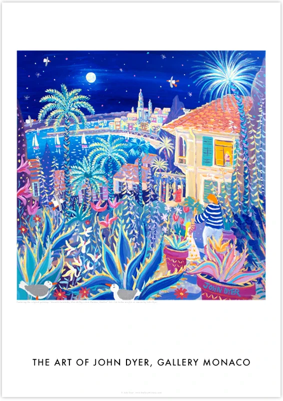John Dyer Art Poster Print. Gallery Monaco Range. Moonlit Serenade, Clos du Peyronnet Garden, Menton, France