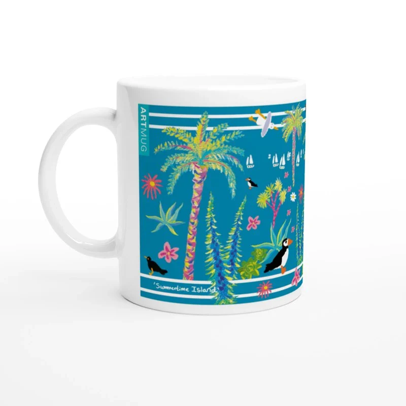 John Dyer Ceramic Cornish Art Mug . Summertime Island, Tresco, Isles of Scilly, Cornwall.