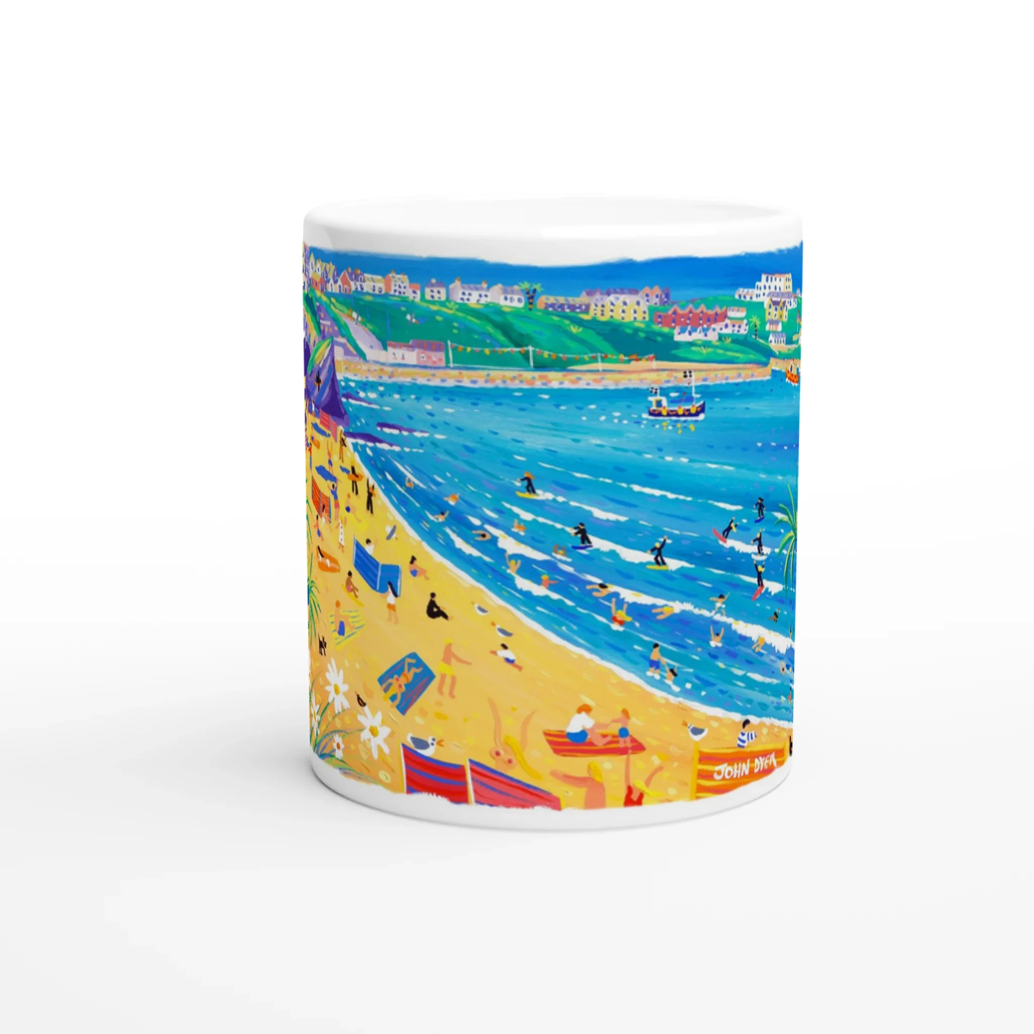 John Dyer Ceramic Cornish Art Mug. Surfing and Sunbathing Great Western Beach, Newquay - Image 2